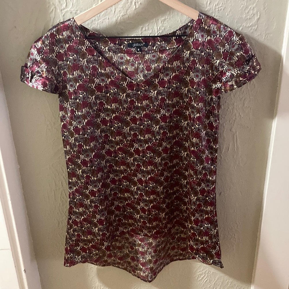 Beautiful and Delicate Floral V-Neck Top - Flowers pink brown and blue.